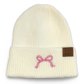 Embroidered Beanie - White + Pink Bow {{variant_option_1}} {{variant_option_2}}