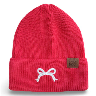 Embroidered Beanie - Coral + White Bow {{variant_option_1}} {{variant_option_2}}