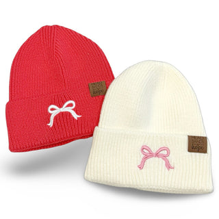 Embroidered Beanie - Coral + White Bow {{variant_option_1}} {{variant_option_2}}