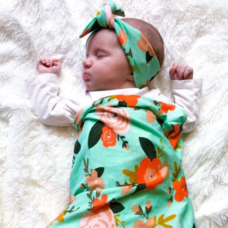 Mint Floral Swaddle + Headband Set