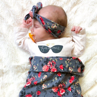 Grey Floral Swaddle + Headband Set