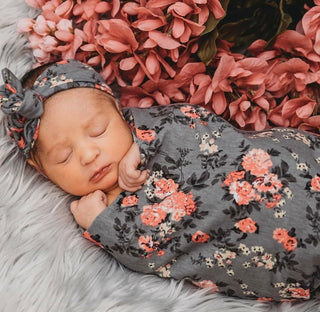 Grey Floral Swaddle + Headband Set